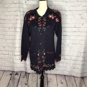 Capacity Vintage Blue Embroidered Floral Long Cardigan  Medium